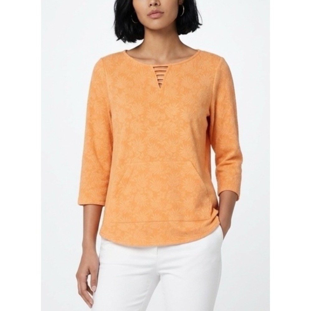 Ruby Rd Top Women S‎ Orange 3/4 Sleeve Tropical Palm Lattice Neck Pocket